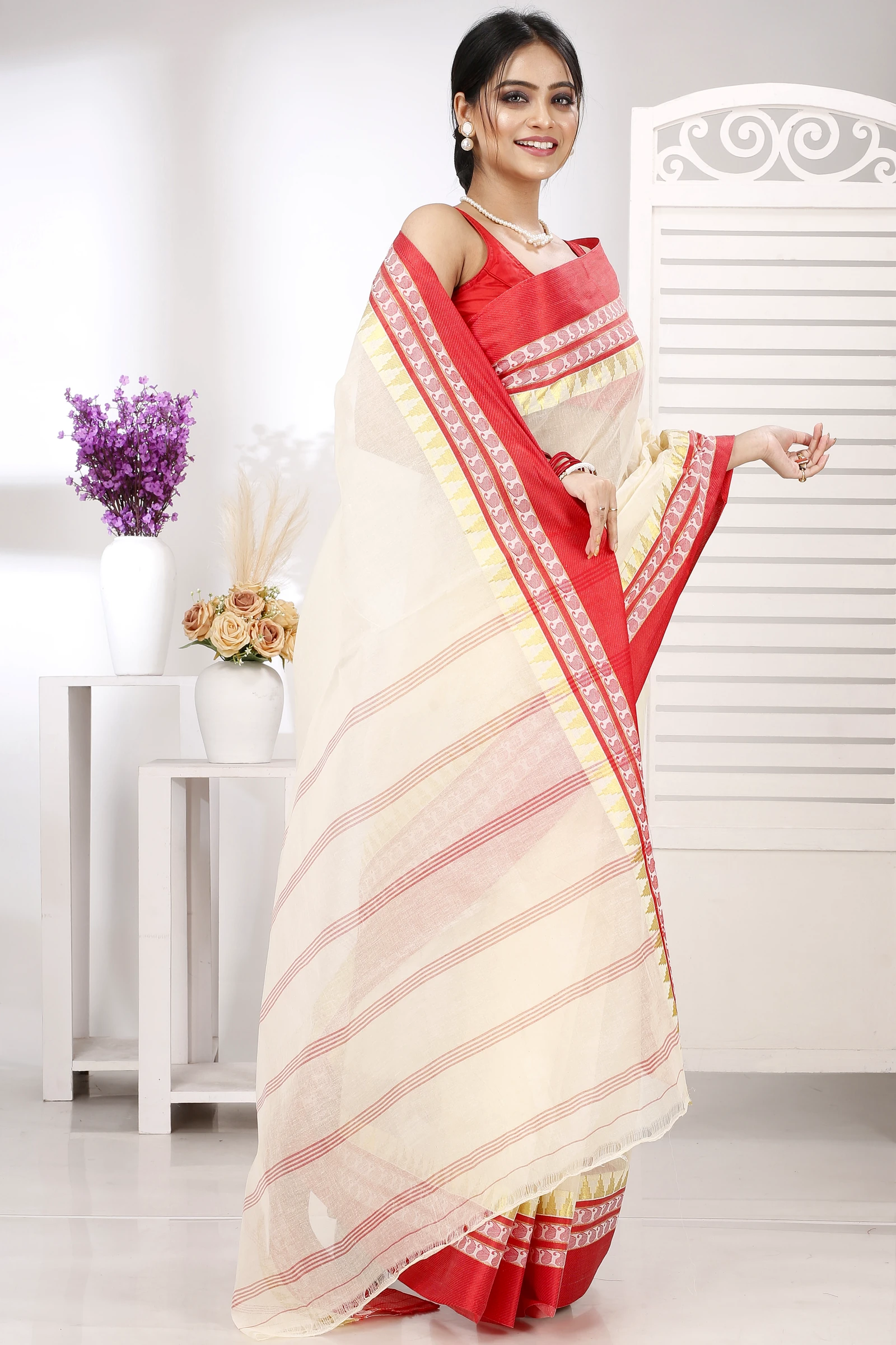 Cream Red Pure Cotton Ethan Tant Saree (1489)