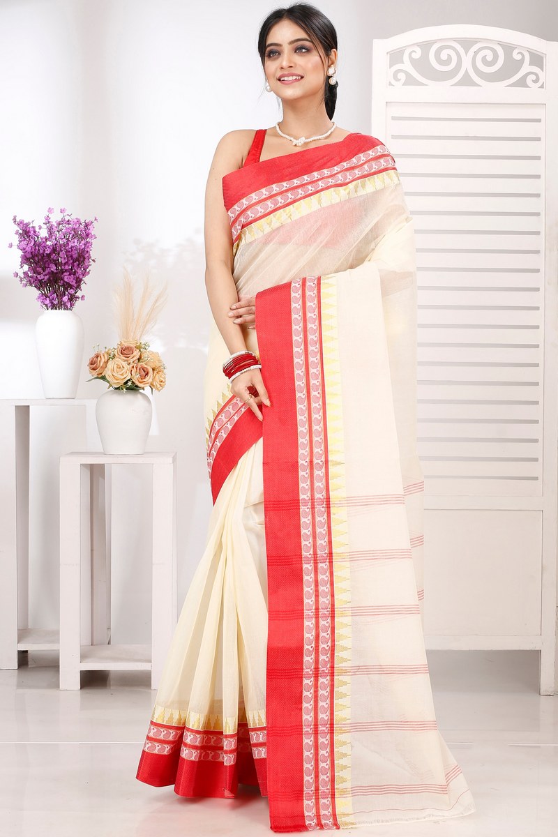 Cream Red Pure Cotton Ethan Tant Saree (1489)