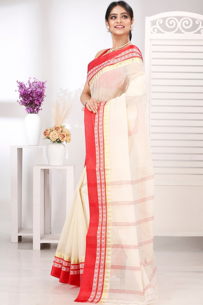 Cream Red Pure Cotton Ethan Tant Saree (1489)