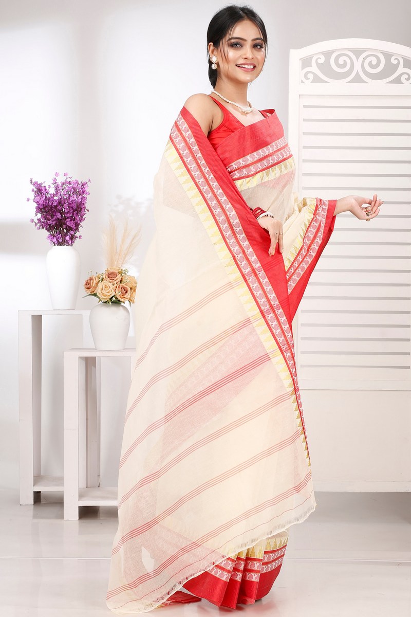 Cream Red Pure Cotton Ethan Tant Saree (1489)
