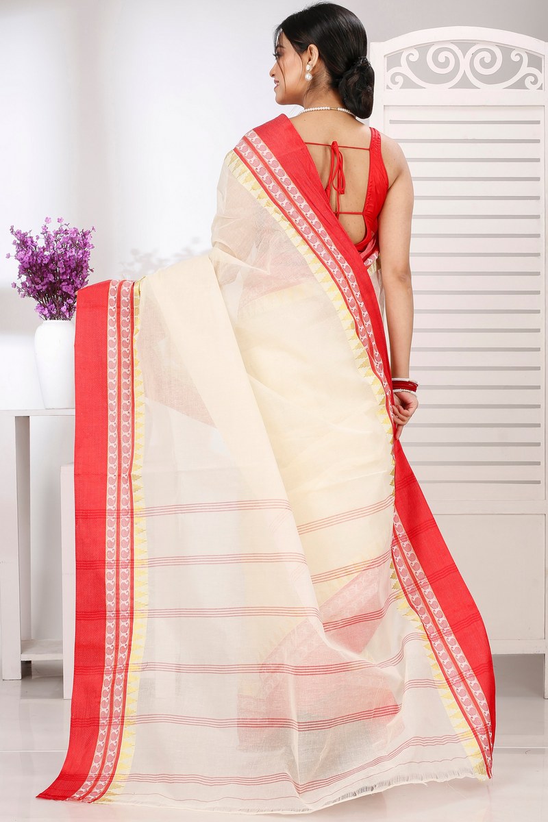 Cream Red Pure Cotton Ethan Tant Saree (1489)