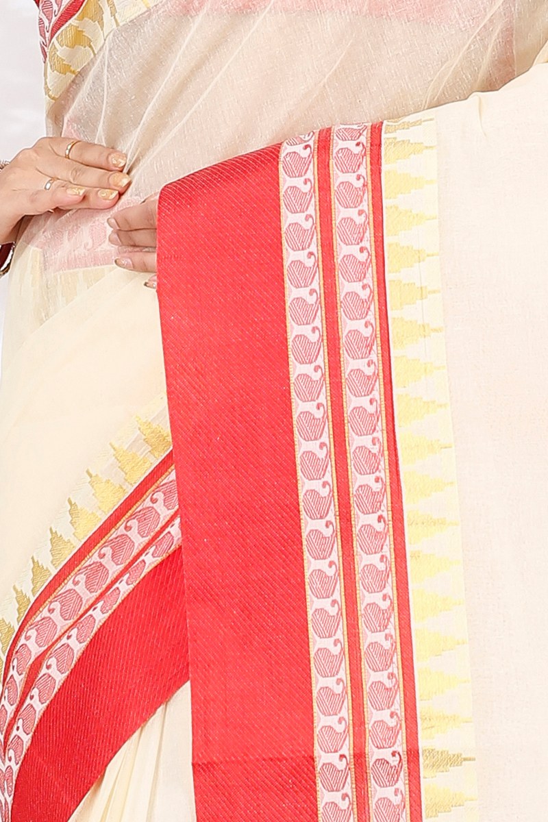Cream Red Pure Cotton Ethan Tant Saree (1489)