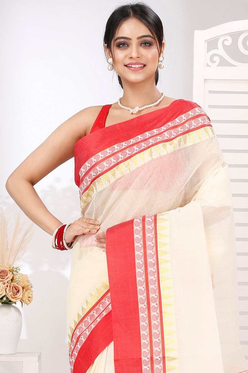 Cream Red Pure Cotton Ethan Tant Saree (1489)
