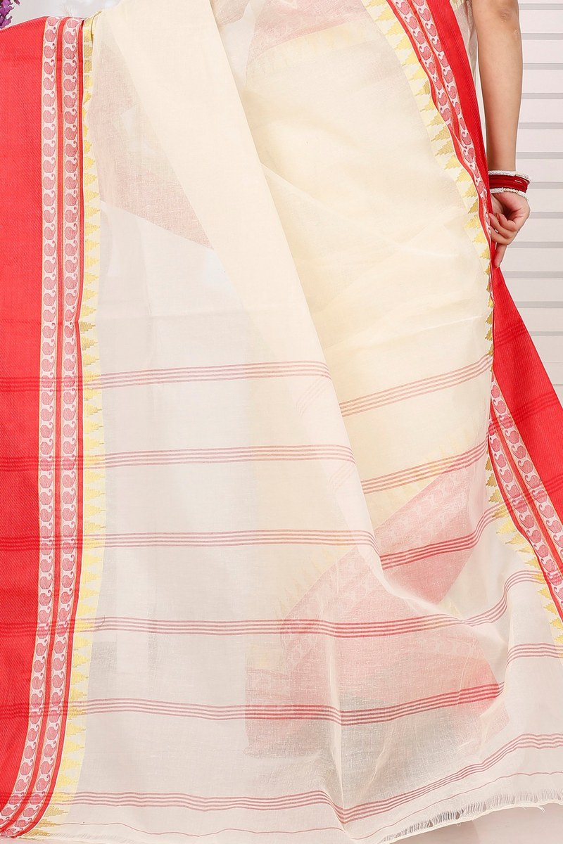 Cream Red Pure Cotton Ethan Tant Saree (1489)