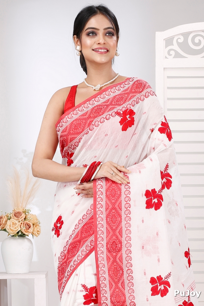 Red White Pure Cotton Embi Boysko Jova Tant Embroidery (1494)