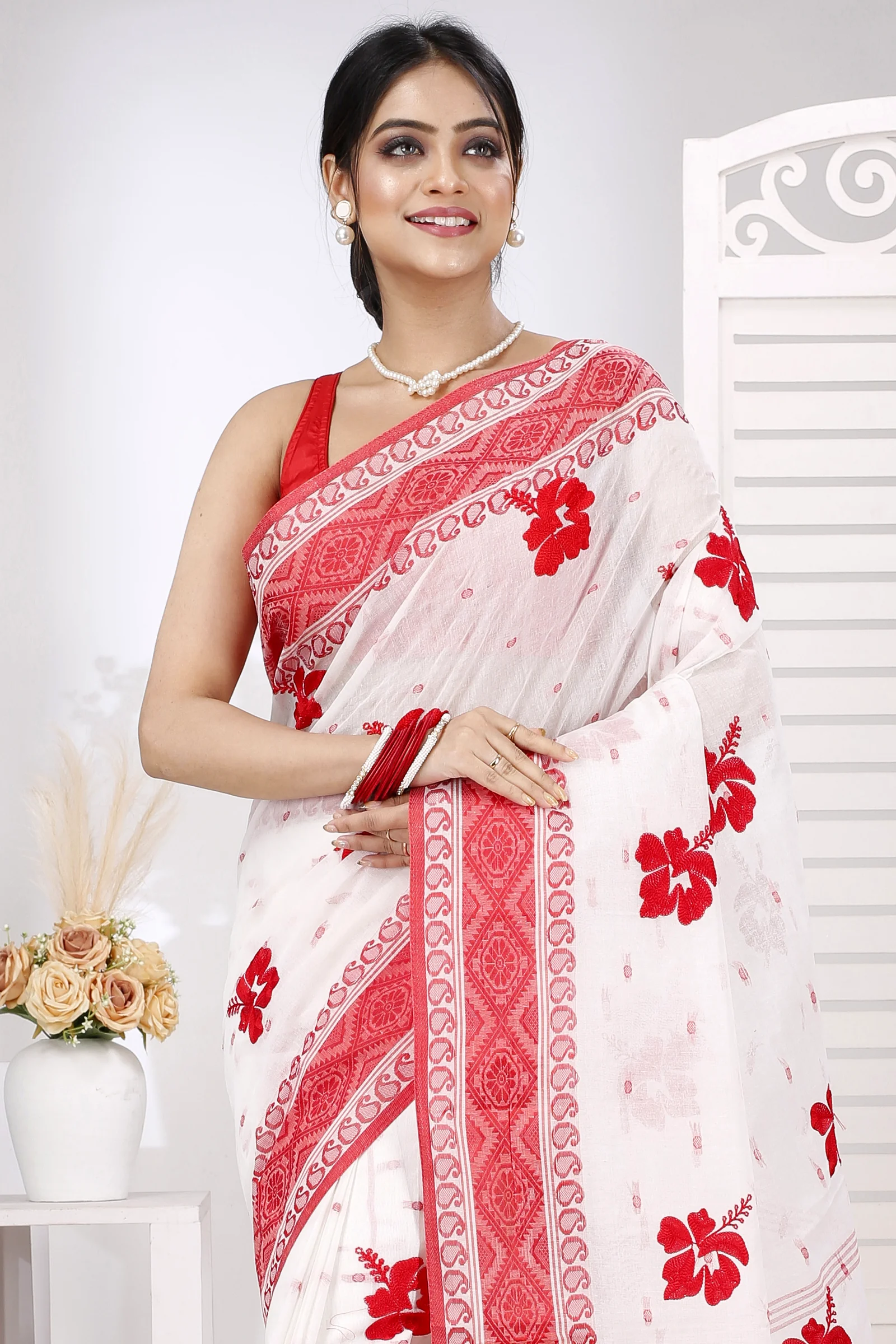 Red White Pure Cotton Embi Boysko Jova Tant Embroidery (1494)