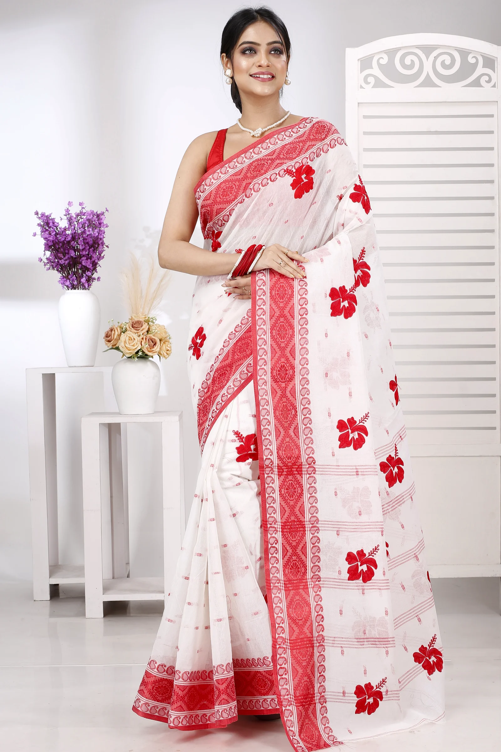 Red White Pure Cotton Embi Boysko Jova Tant Embroidery (1494)