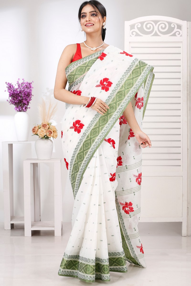 Green White Pure Cotton Embi Boysko Jova Tant Embroidery (1495)