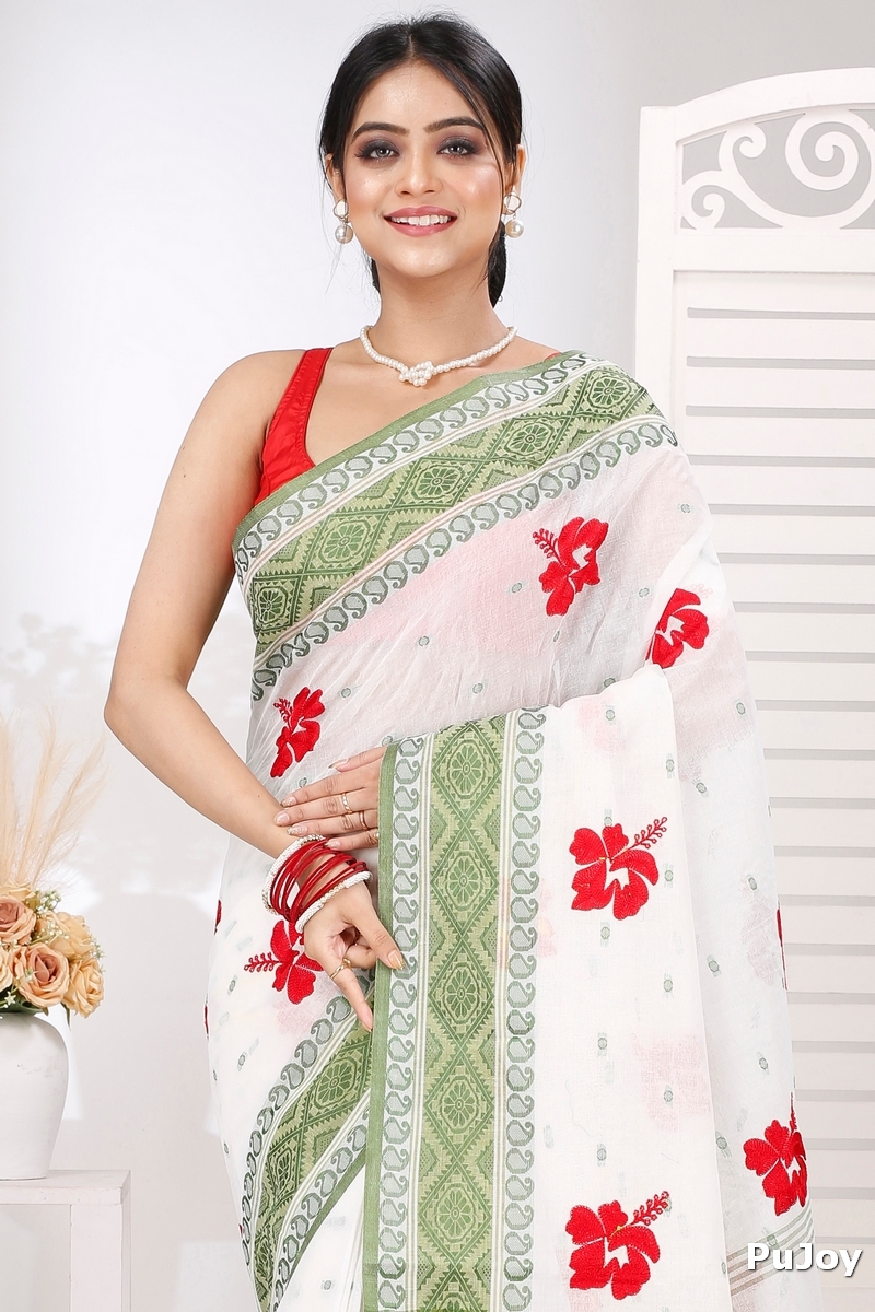 Green White Pure Cotton Embi Boysko Jova Tant Embroidery (1495)