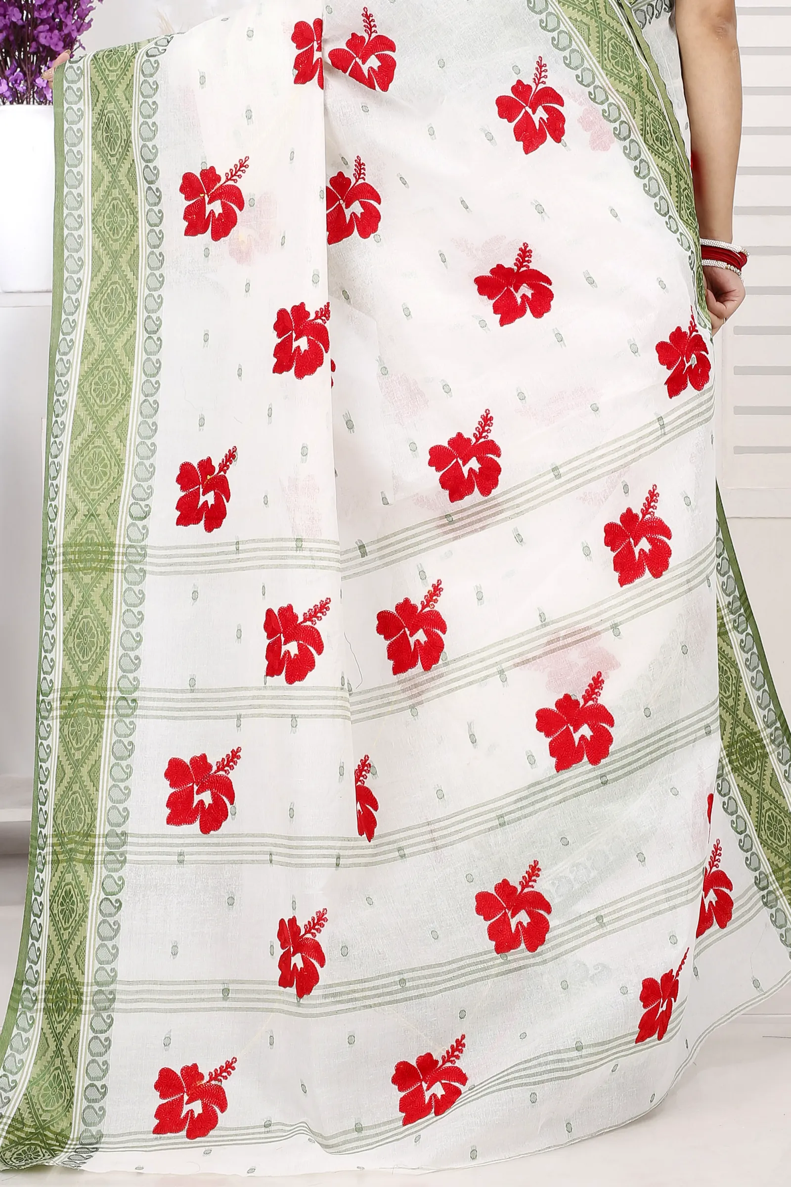 Green White Pure Cotton Embi Boysko Jova Tant Embroidery (1495)