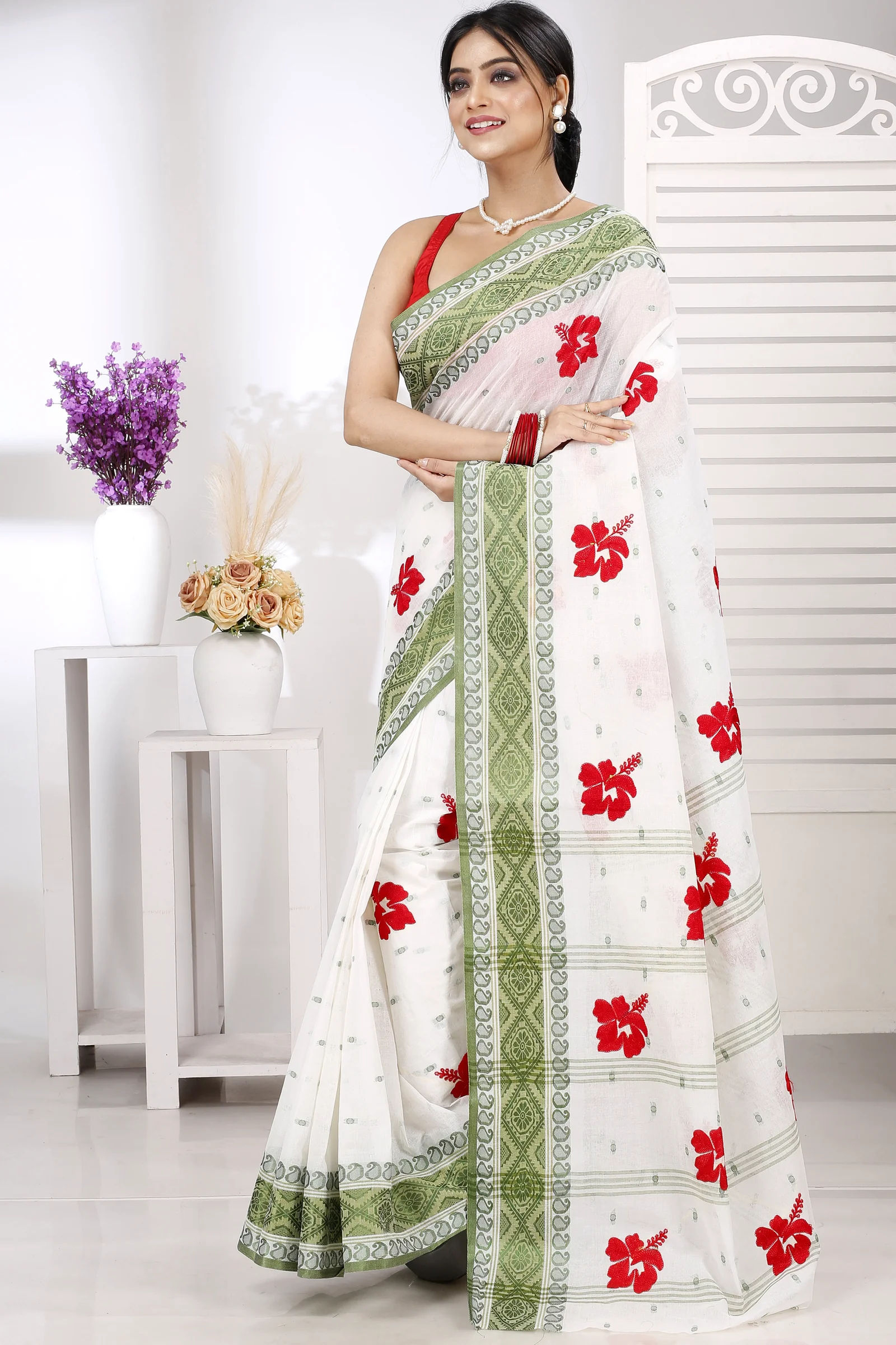 Green White Pure Cotton Embi Boysko Jova Tant Embroidery (1495)