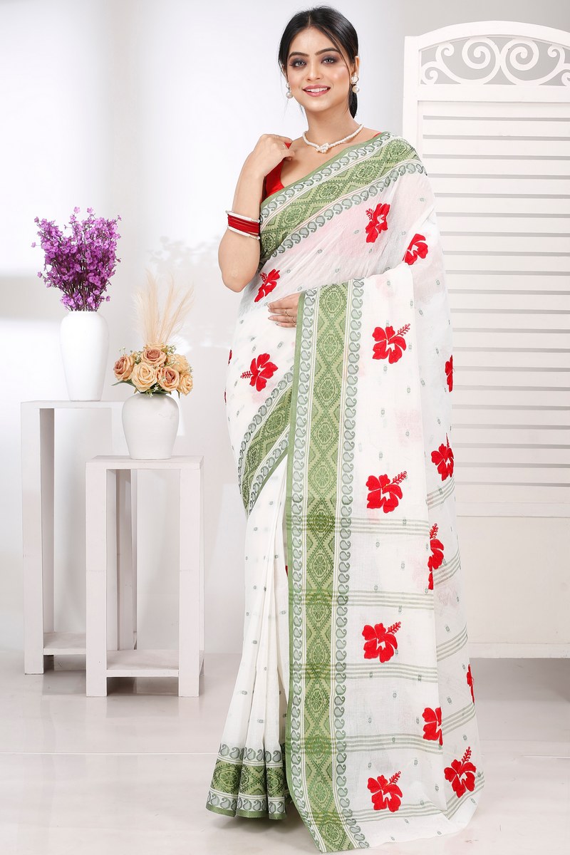 Green White Pure Cotton Embi Boysko Jova Tant Embroidery (1495)