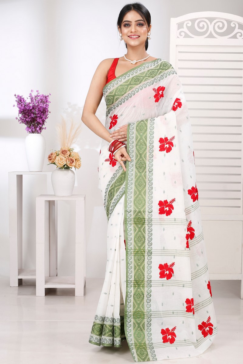 Green White Pure Cotton Embi Boysko Jova Tant Embroidery (1495)