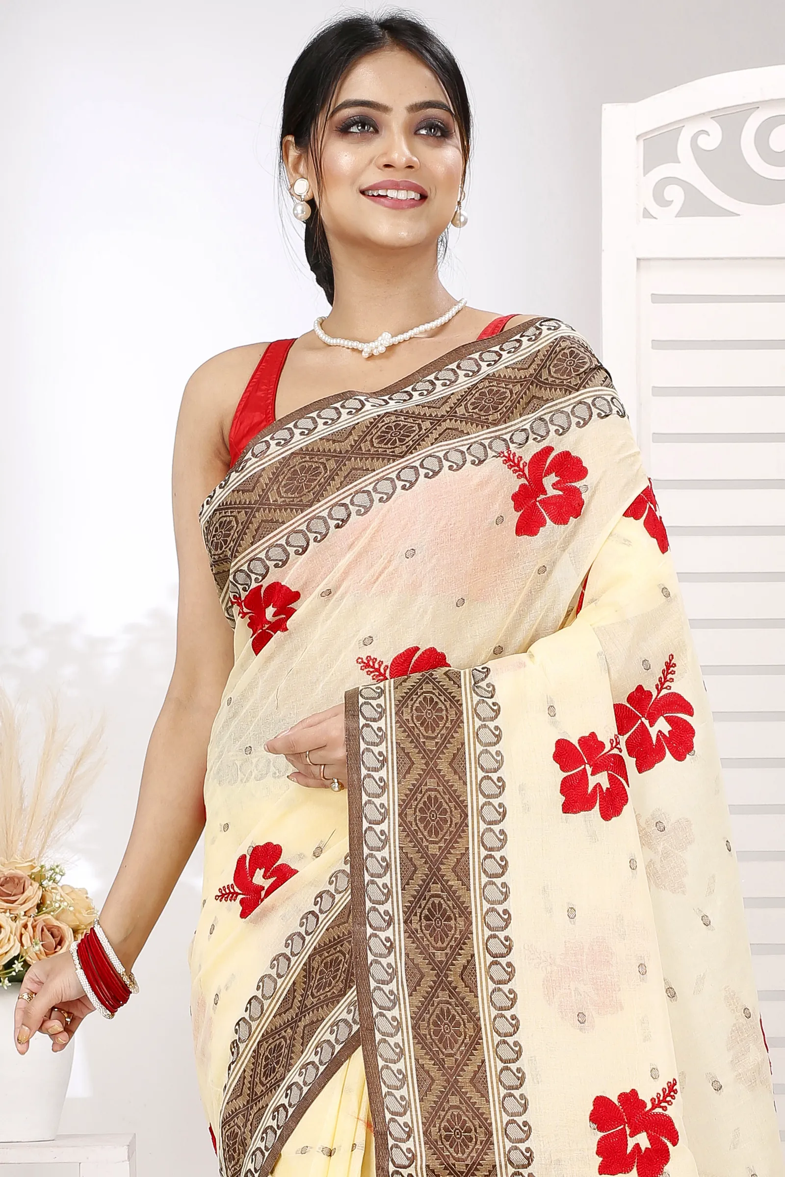 Brown White Pure Cotton Embi Boysko Jova Tant Embroidery (1497)