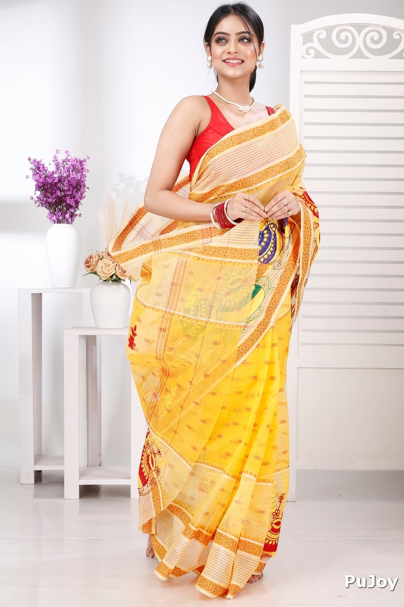 Yellow Pure Cotton Embi Debdash Ghot Tant Embroidery (1498)