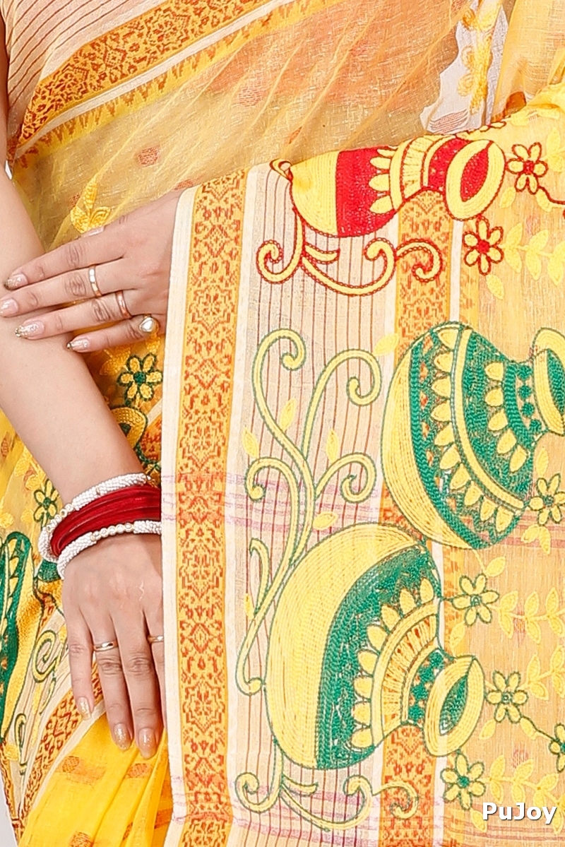 Yellow Pure Cotton Embi Debdash Ghot Tant Embroidery (1498)