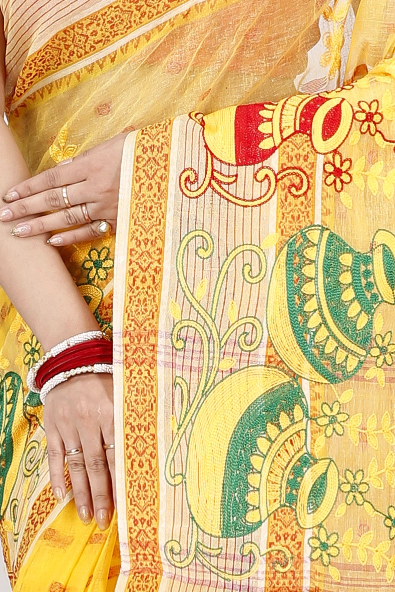 Yellow Pure Cotton Embi Debdash Ghot Tant Embroidery (1498)
