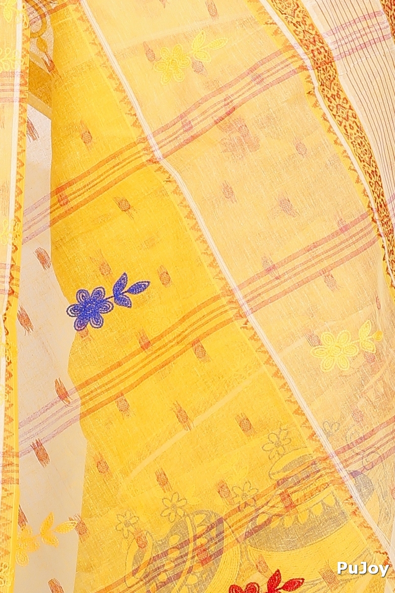 Yellow Pure Cotton Embi Debdash Ghot Tant Embroidery (1498)