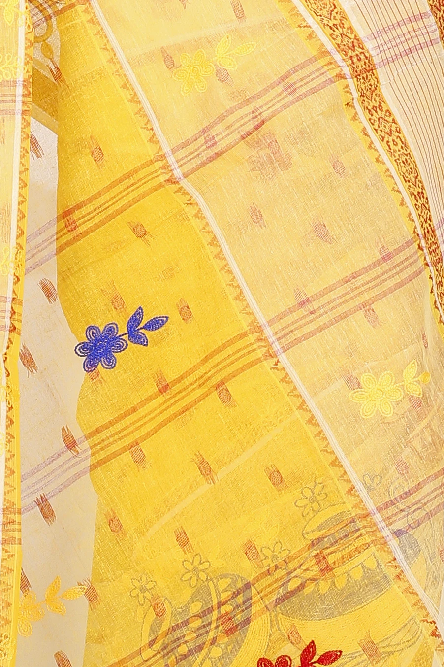 Yellow Pure Cotton Embi Debdash Ghot Tant Embroidery (1498)