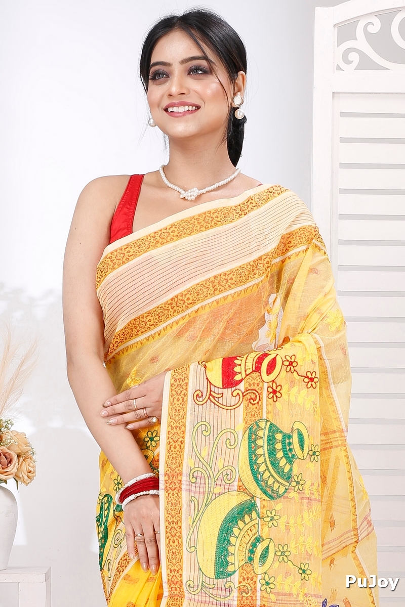 Yellow Pure Cotton Embi Debdash Ghot Tant Embroidery (1498)