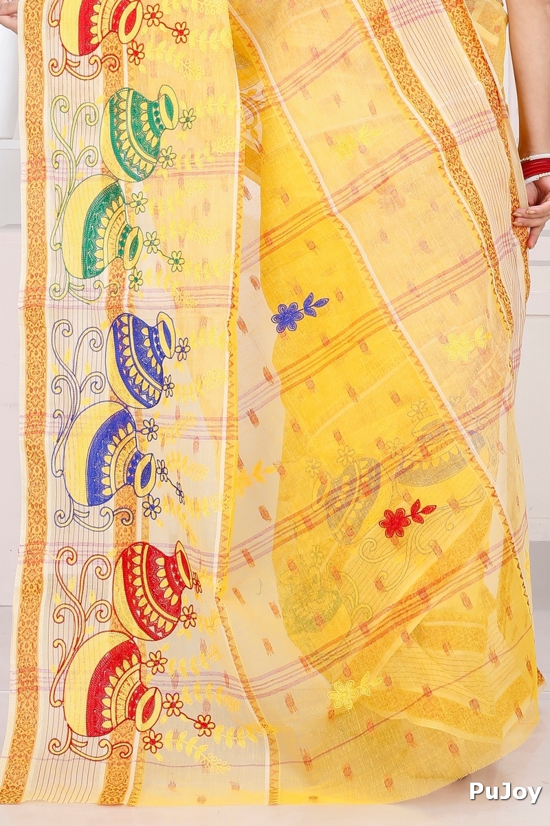 Yellow Pure Cotton Embi Debdash Ghot Tant Embroidery (1498)