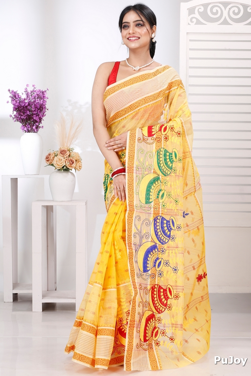 Yellow Pure Cotton Embi Debdash Ghot Tant Embroidery (1498)