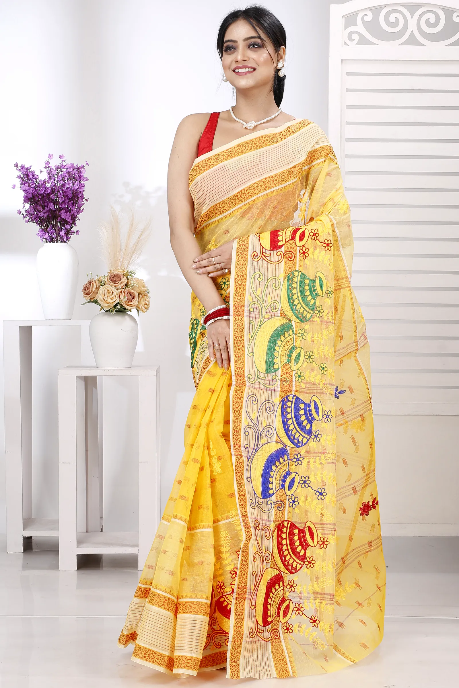 Yellow Pure Cotton Embi Debdash Ghot Tant Embroidery (1498)