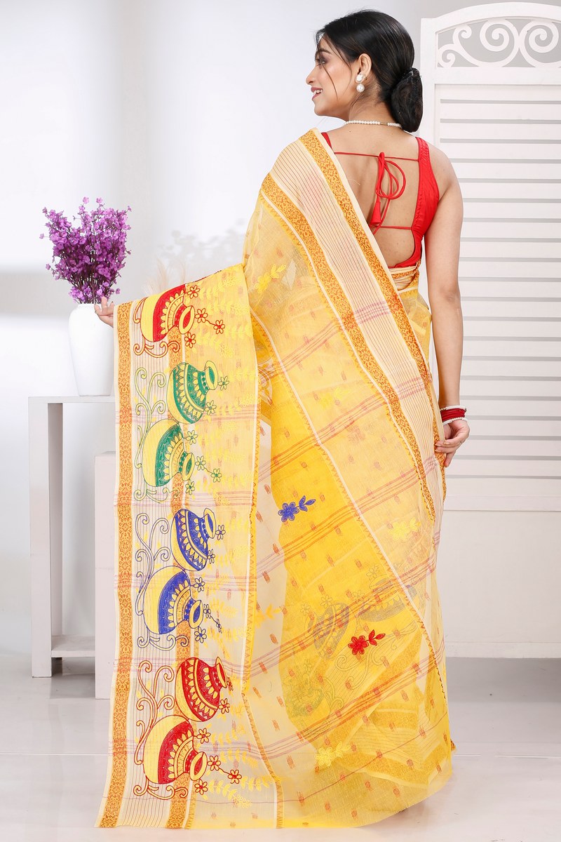 Yellow Pure Cotton Embi Debdash Ghot Tant Embroidery (1498)