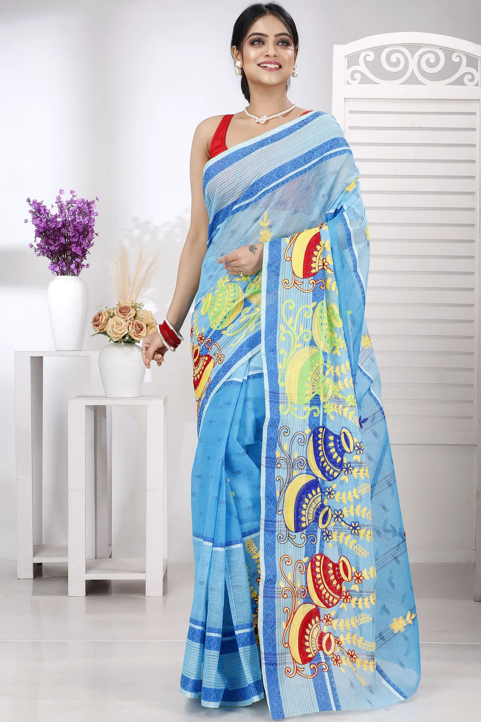 Sky Blue Pure Cotton Embi Debdash Ghot Tant Embroidery (1499)