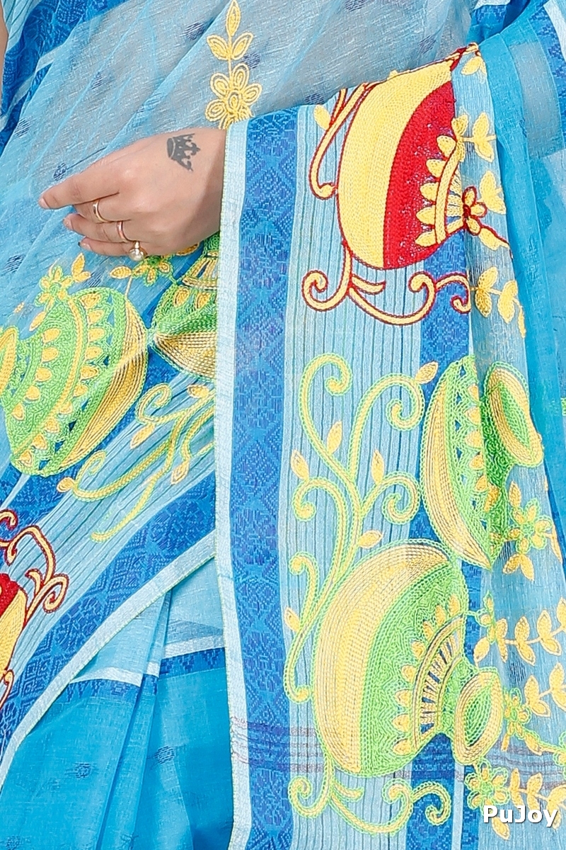 Sky Blue Pure Cotton Embi Debdash Ghot Tant Embroidery (1499)