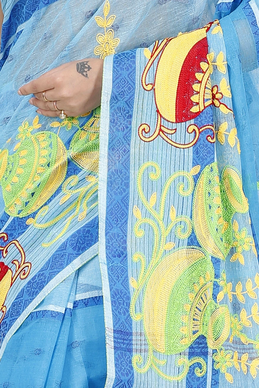 Sky Blue Pure Cotton Embi Debdash Ghot Tant Embroidery (1499)
