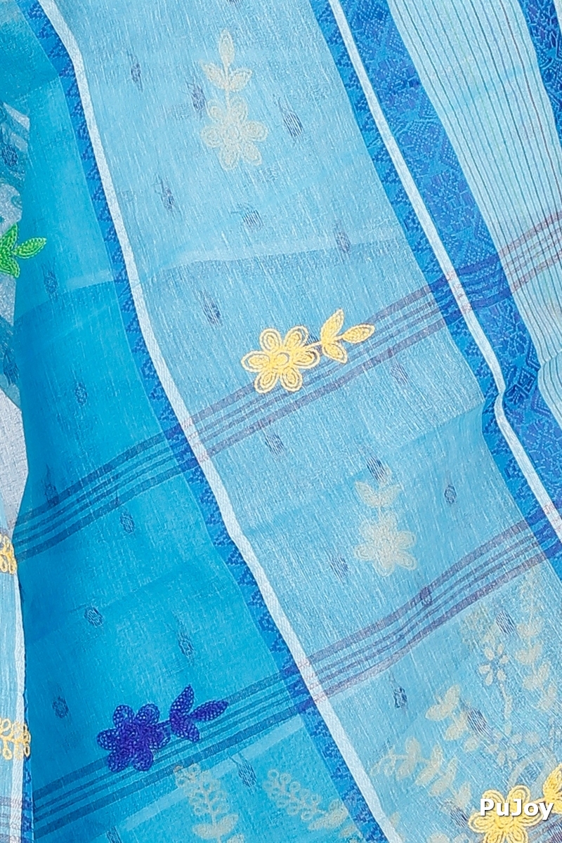 Sky Blue Pure Cotton Embi Debdash Ghot Tant Embroidery (1499)