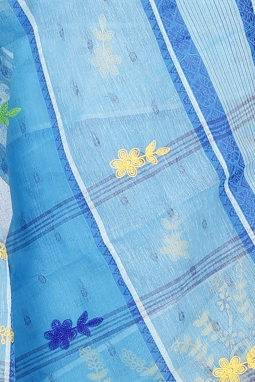 Sky Blue Pure Cotton Embi Debdash Ghot Tant Embroidery (1499)