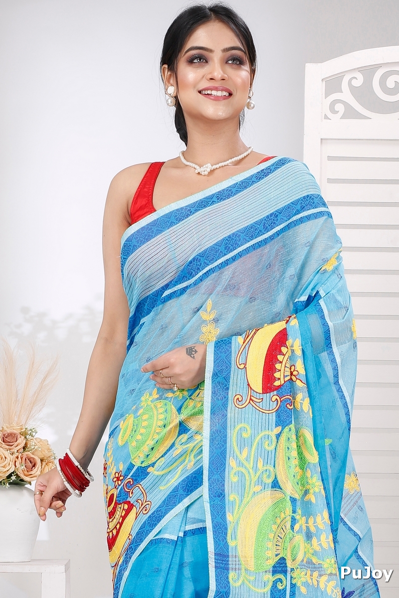 Sky Blue Pure Cotton Embi Debdash Ghot Tant Embroidery (1499)