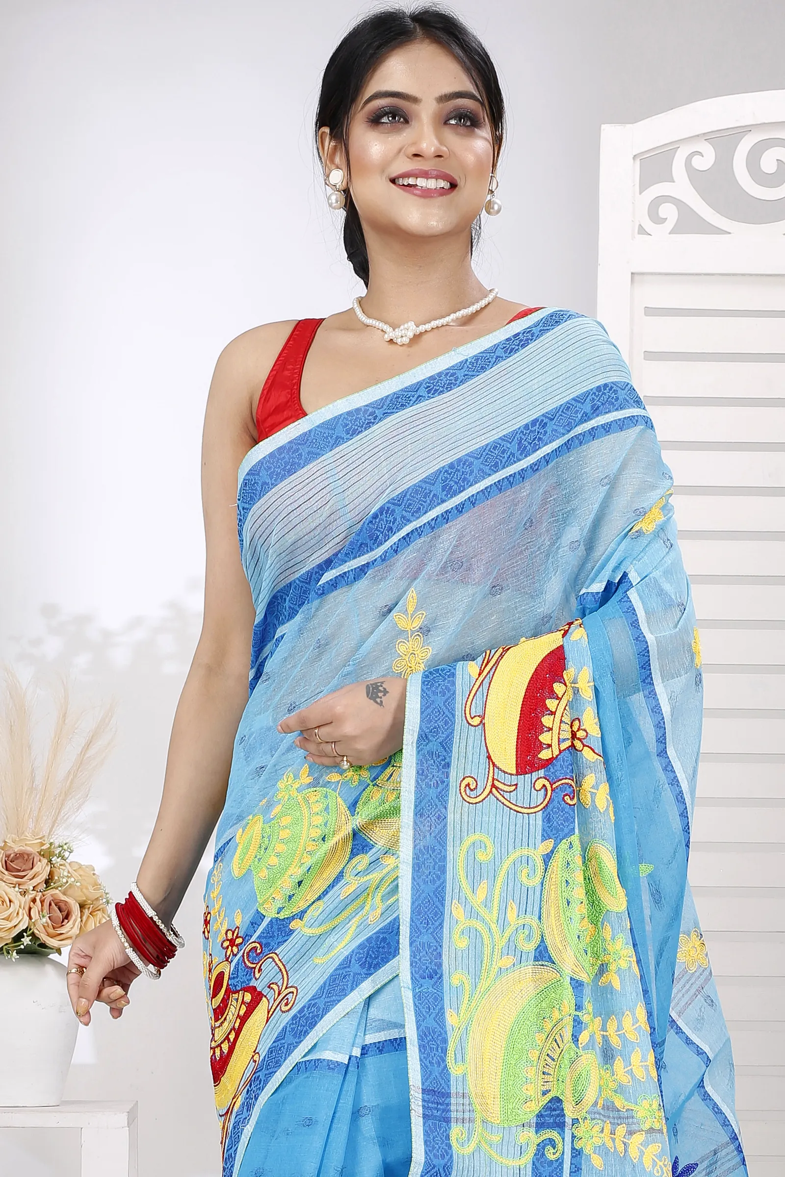 Sky Blue Pure Cotton Embi Debdash Ghot Tant Embroidery (1499)