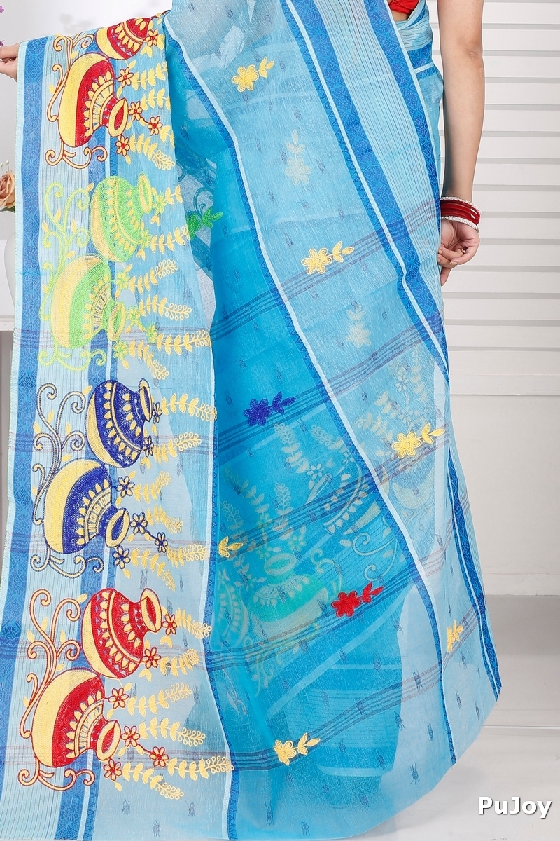 Sky Blue Pure Cotton Embi Debdash Ghot Tant Embroidery (1499)