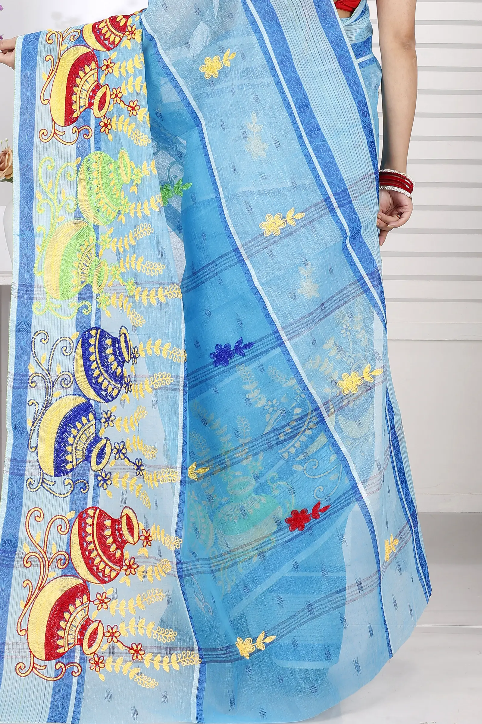 Sky Blue Pure Cotton Embi Debdash Ghot Tant Embroidery (1499)