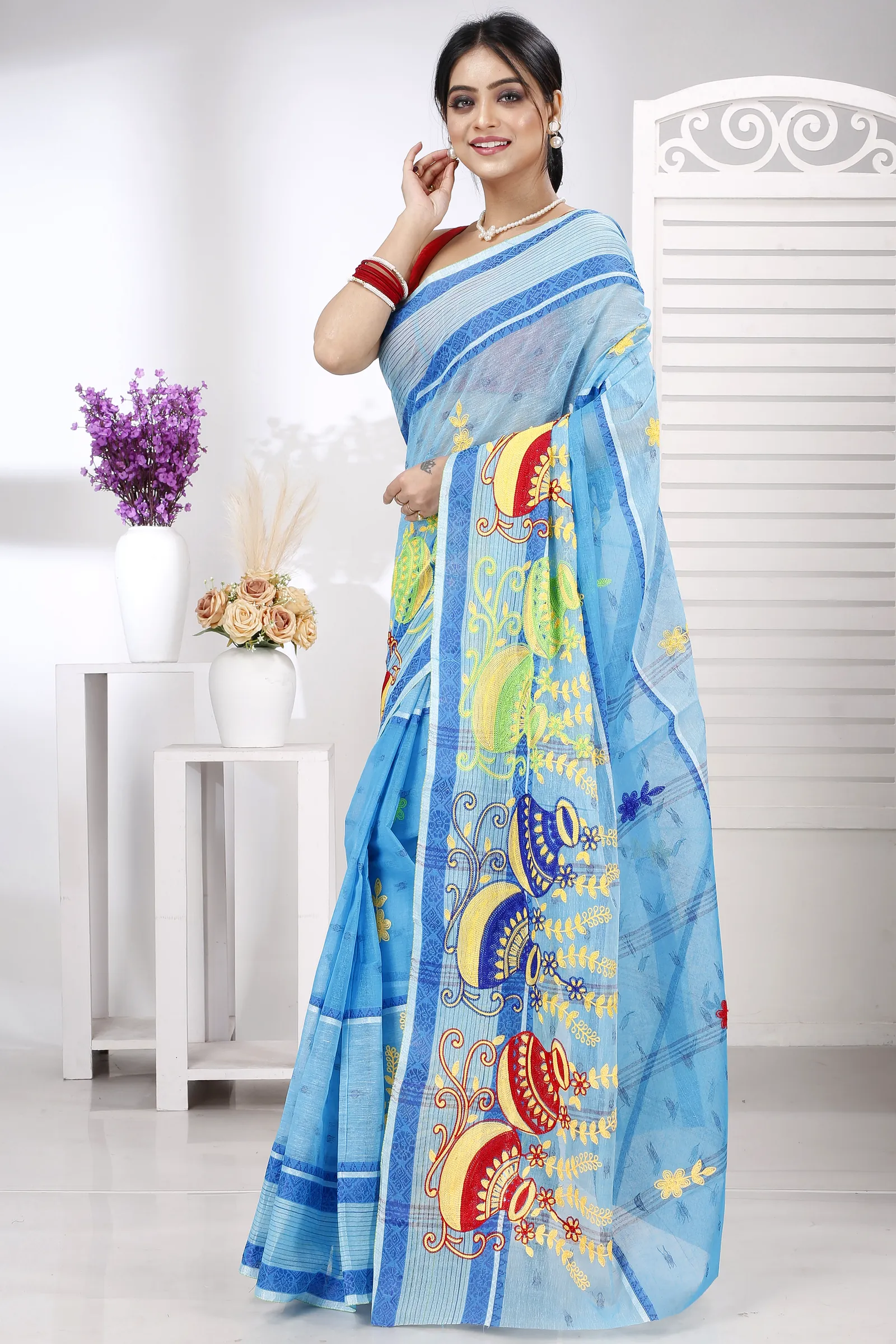 Sky Blue Pure Cotton Embi Debdash Ghot Tant Embroidery (1499)