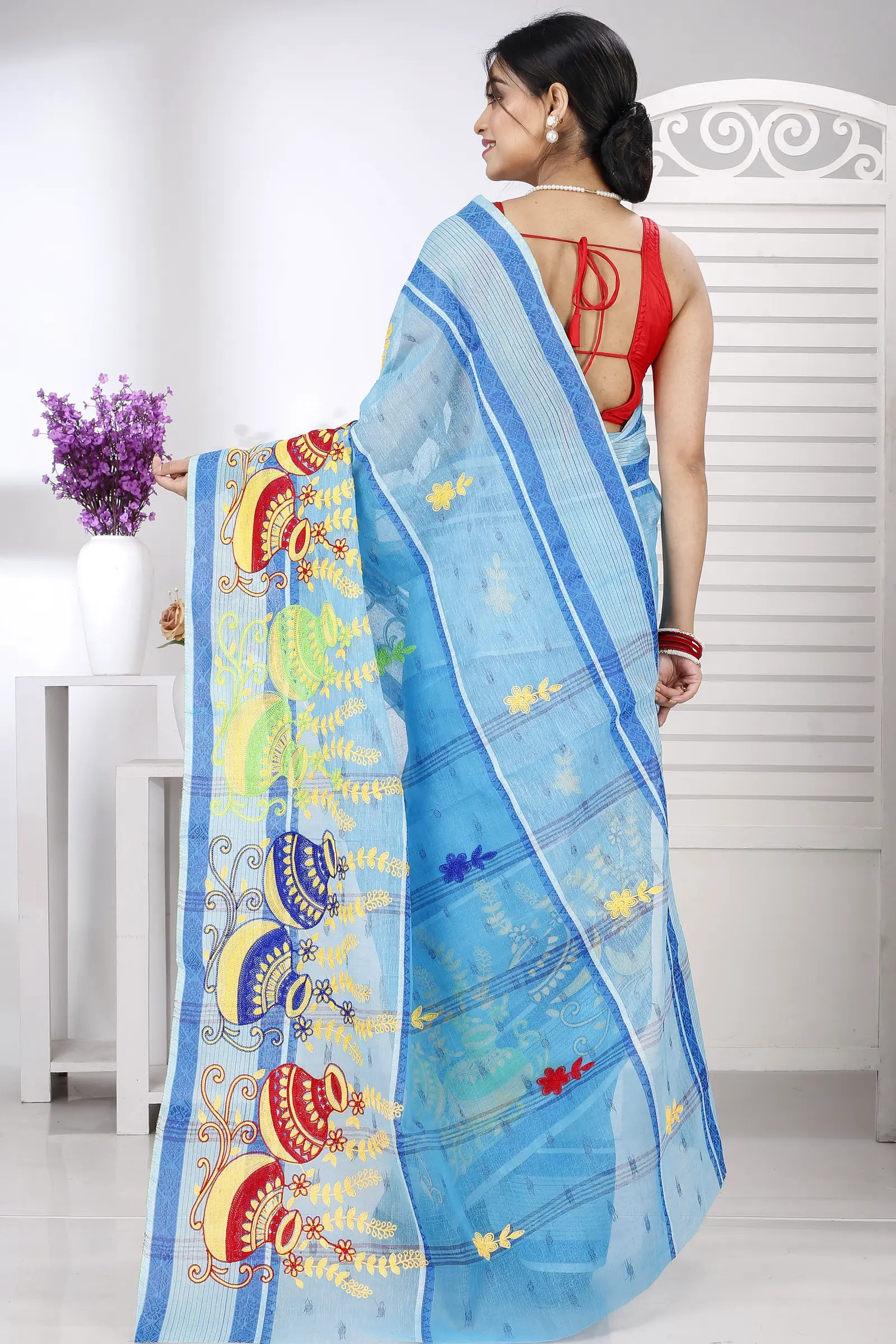 Sky Blue Pure Cotton Embi Debdash Ghot Tant Embroidery (1499)