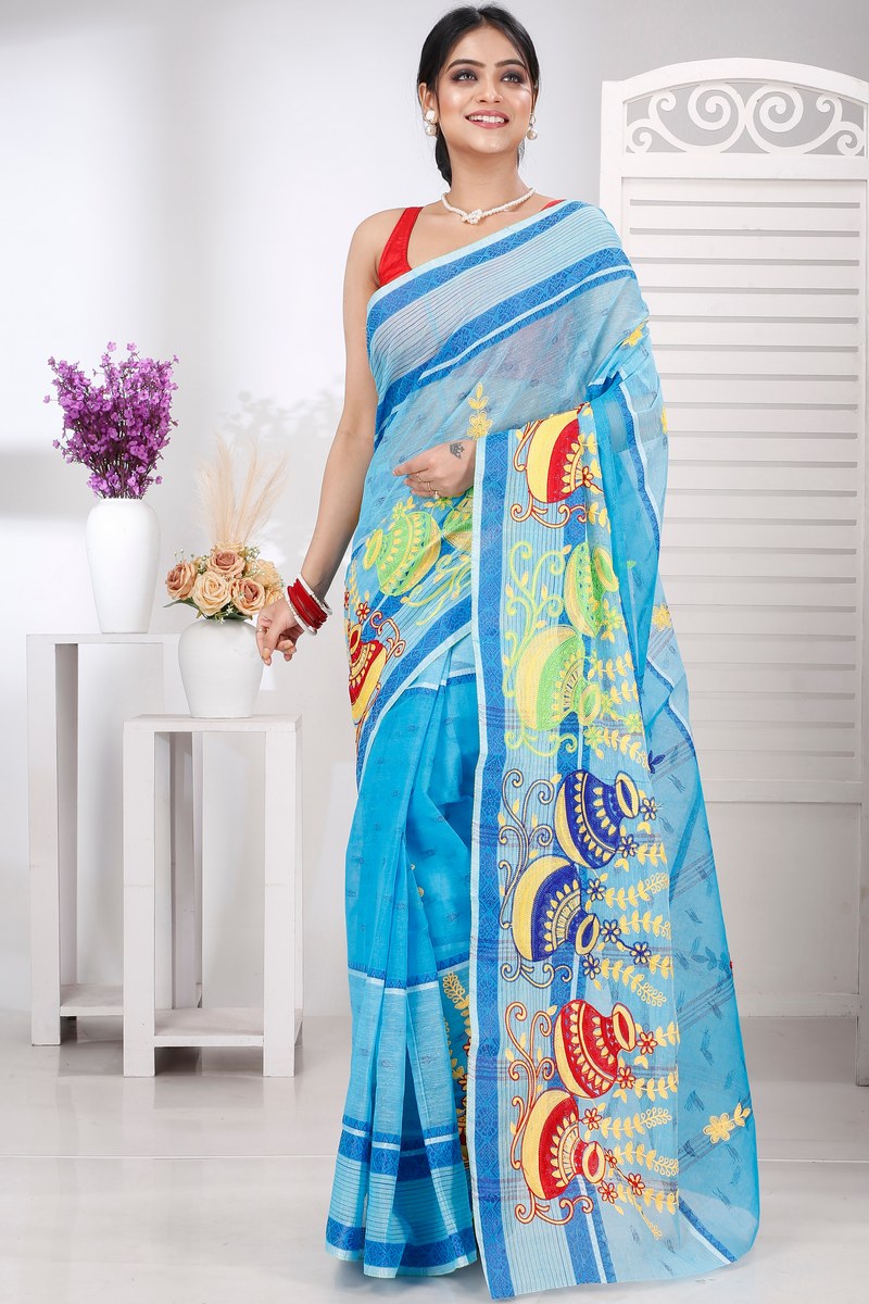 Sky Blue Pure Cotton Embi Debdash Ghot Tant Embroidery (1499)