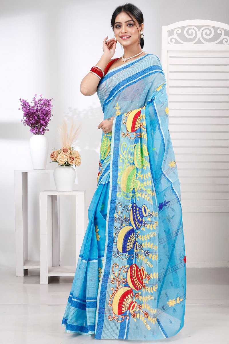Sky Blue Pure Cotton Embi Debdash Ghot Tant Embroidery (1499)