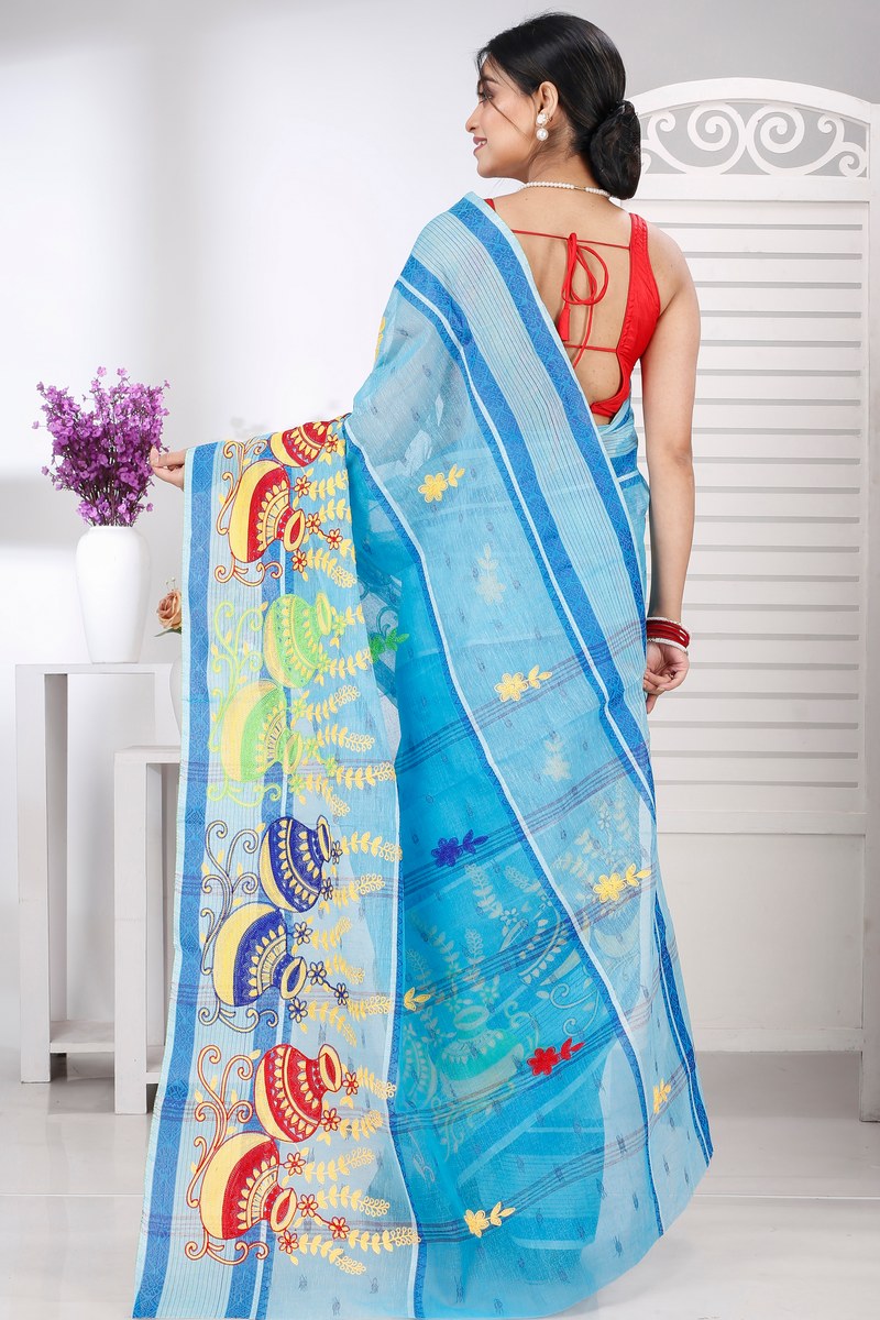 Sky Blue Pure Cotton Embi Debdash Ghot Tant Embroidery (1499)