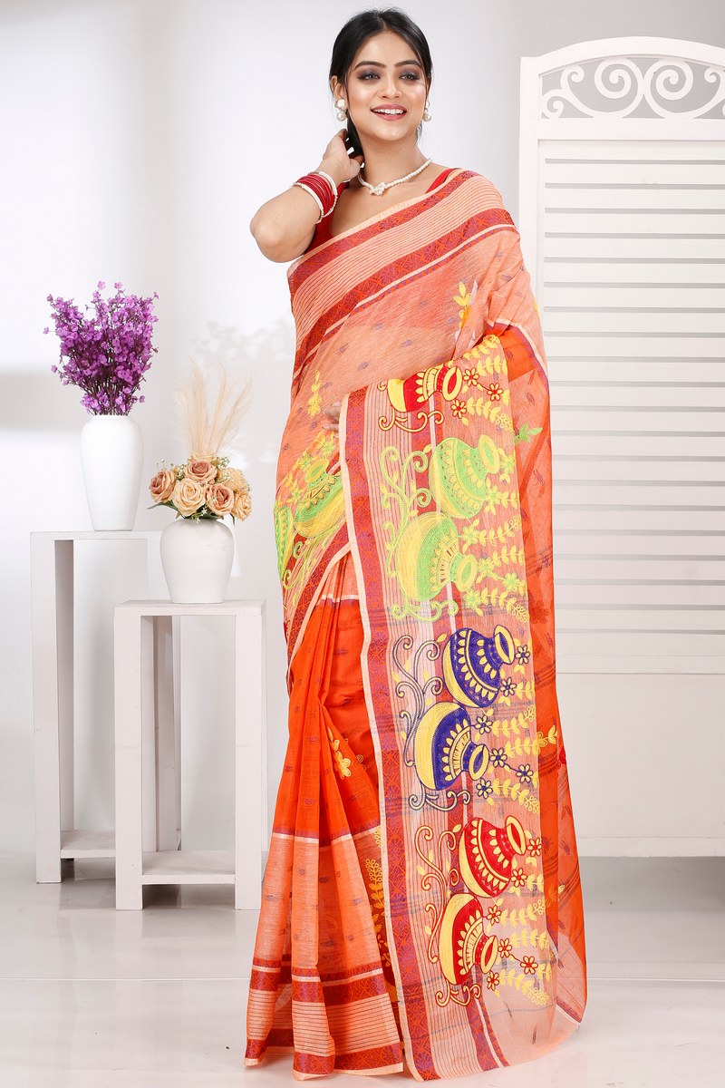 Orange Pure Cotton Embi Debdash Ghot Tant Embroidery (1500)