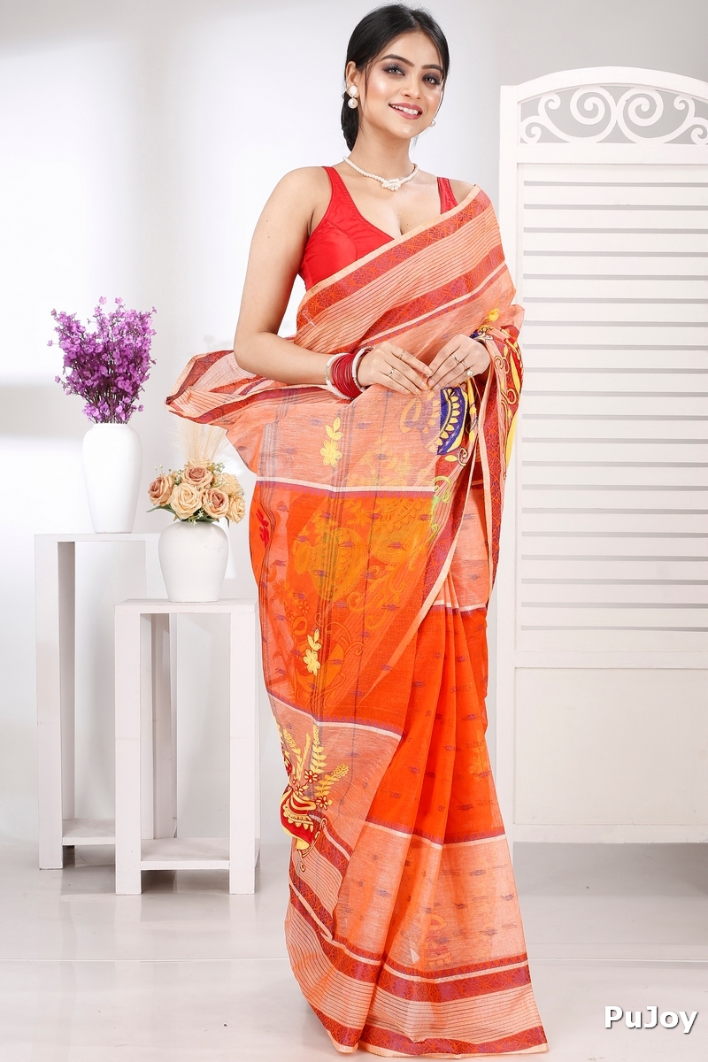 Orange Pure Cotton Embi Debdash Ghot Tant Embroidery (1500)