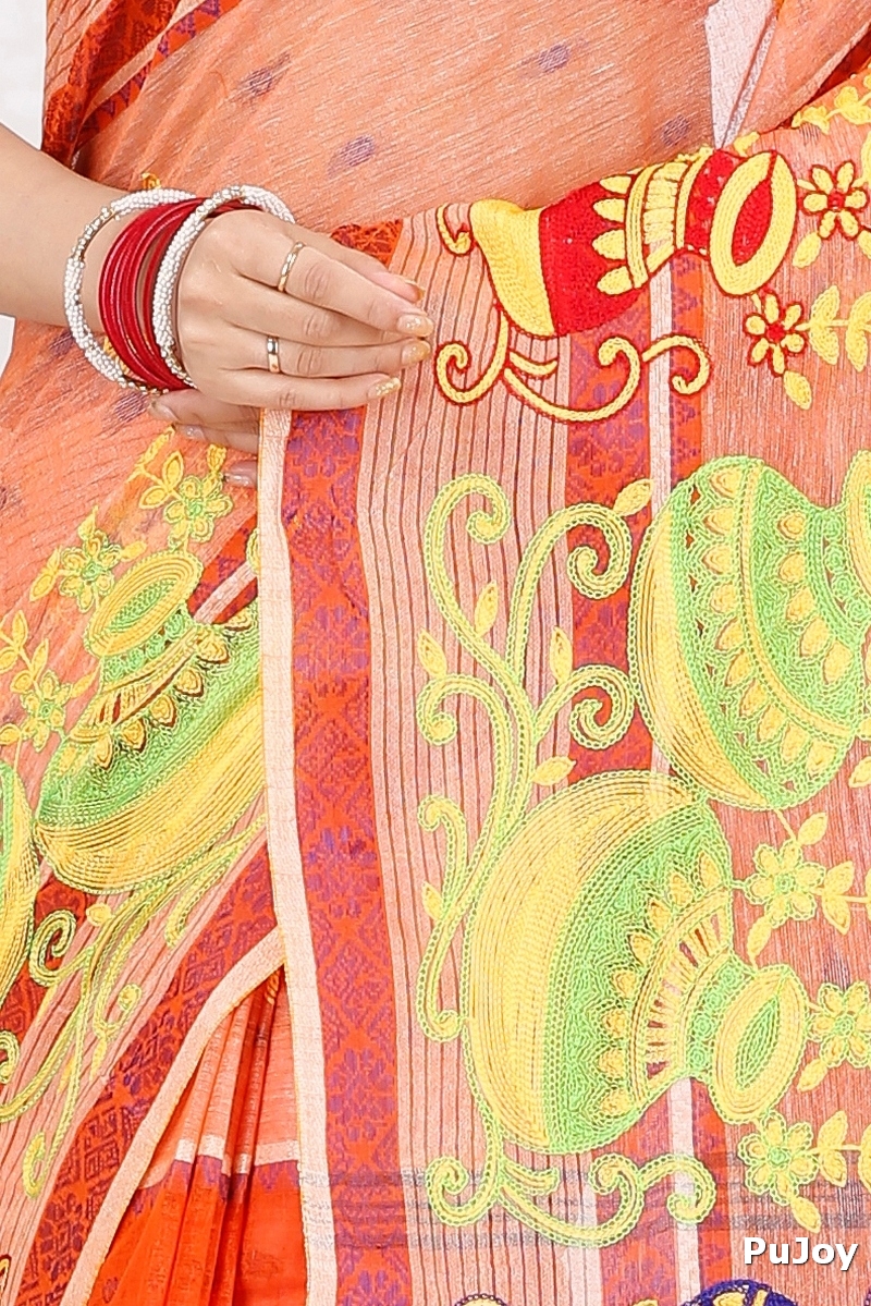 Orange Pure Cotton Embi Debdash Ghot Tant Embroidery (1500)
