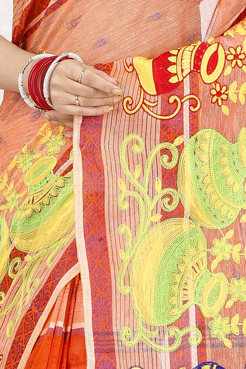 Orange Pure Cotton Embi Debdash Ghot Tant Embroidery (1500)