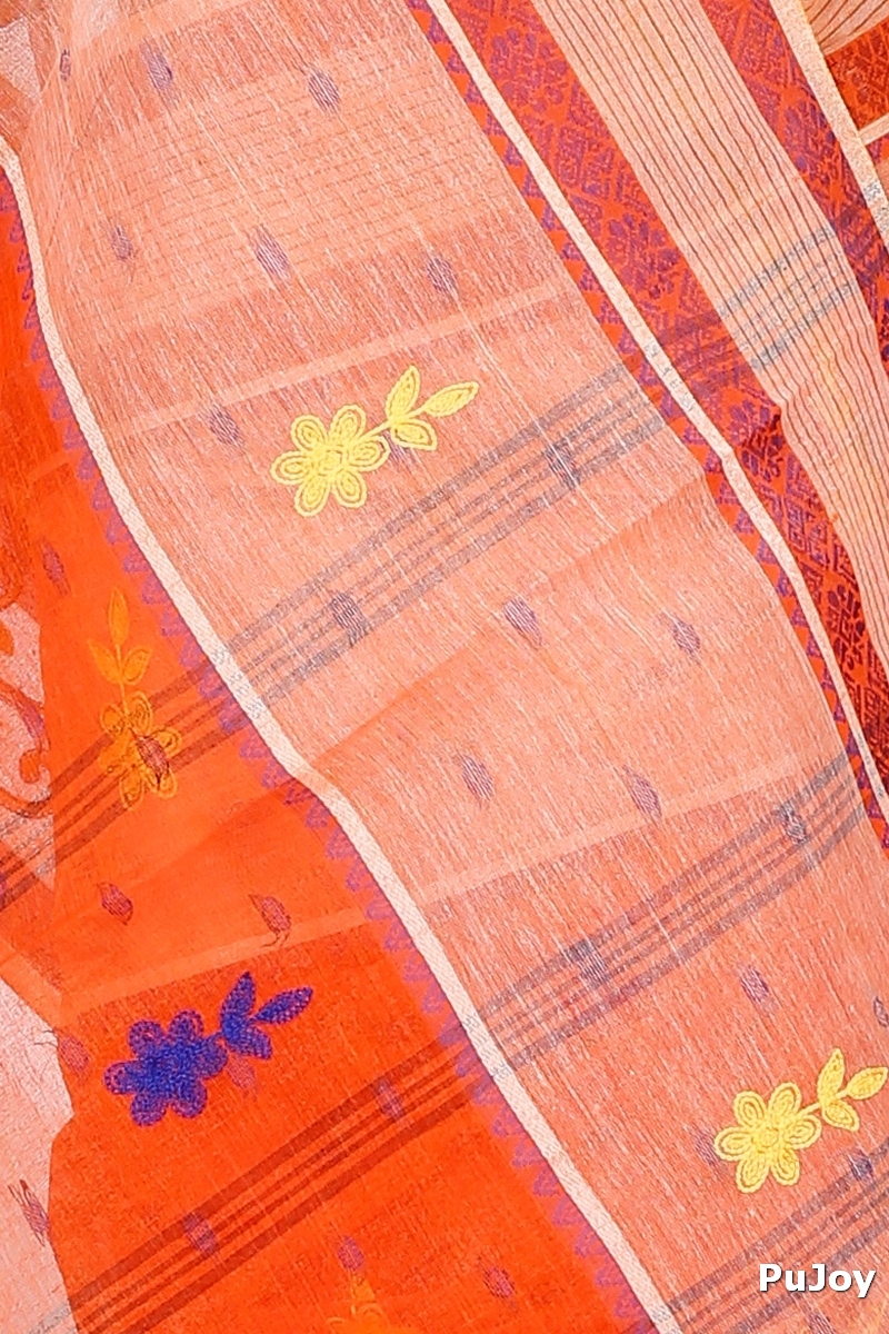 Orange Pure Cotton Embi Debdash Ghot Tant Embroidery (1500)