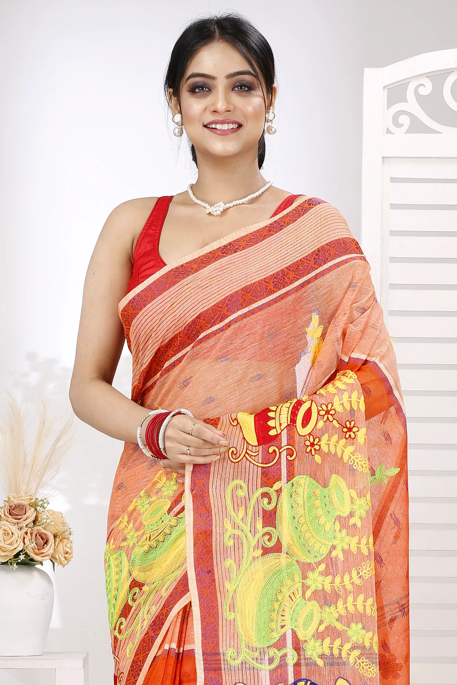 Orange Pure Cotton Embi Debdash Ghot Tant Embroidery (1500)