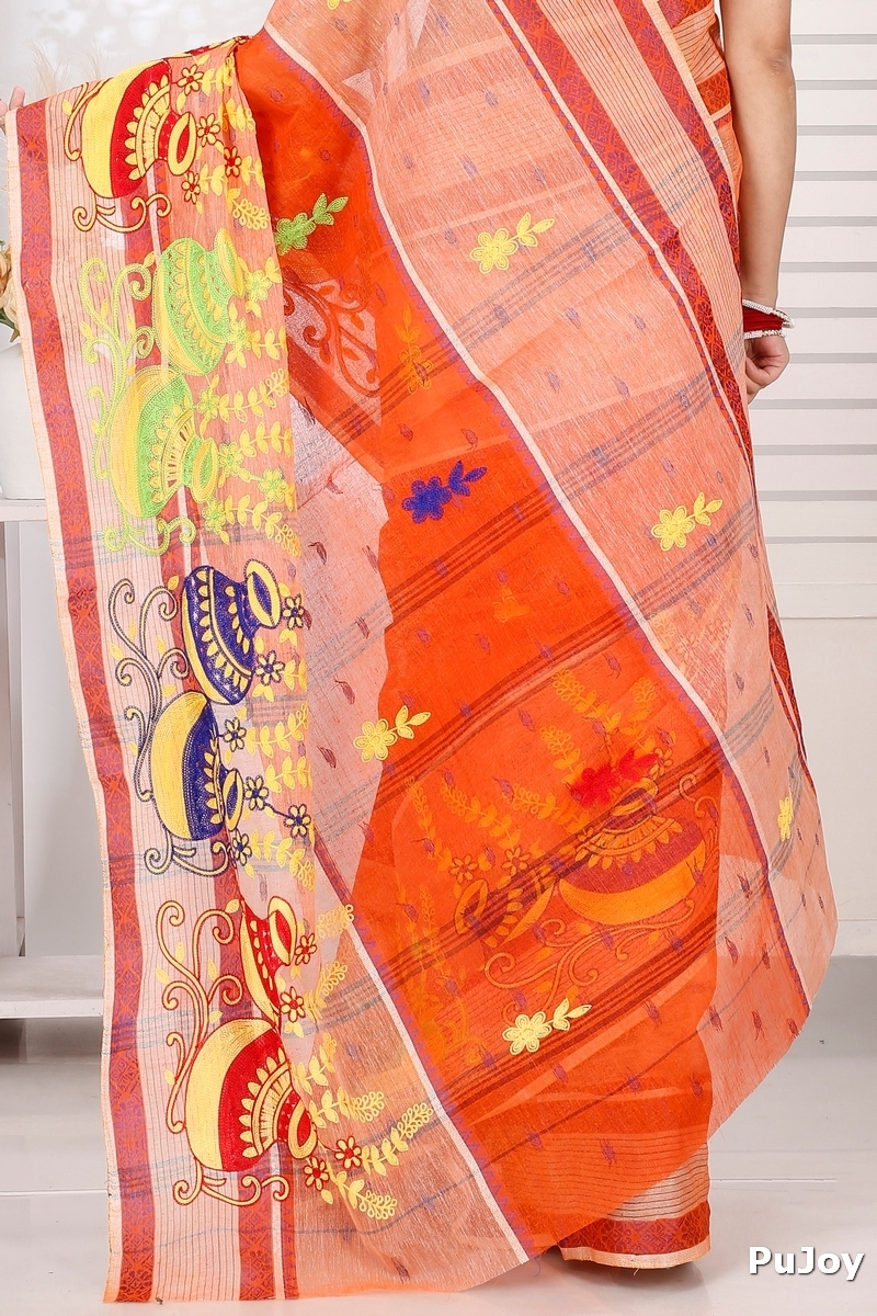 Orange Pure Cotton Embi Debdash Ghot Tant Embroidery (1500)