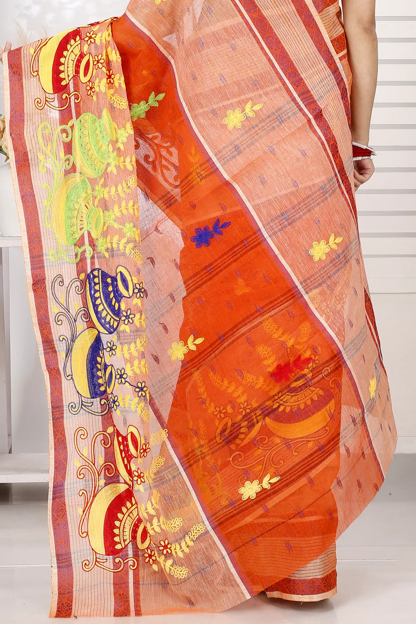 Orange Pure Cotton Embi Debdash Ghot Tant Embroidery (1500)